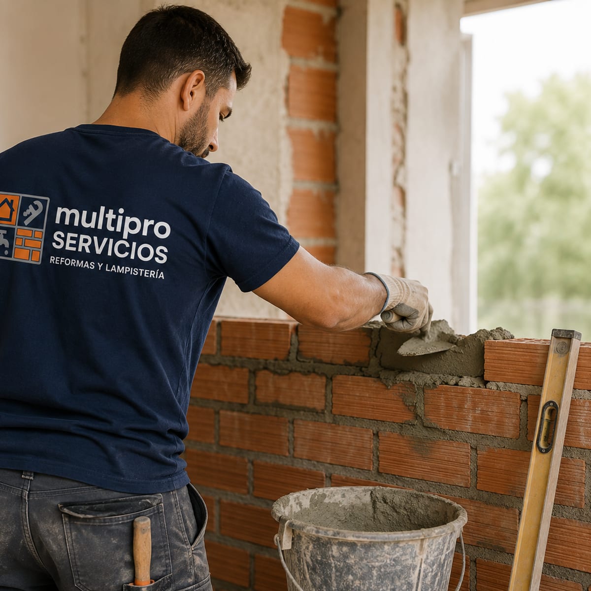 Albañil de MultiProServicios levantando un muro de ladrillo