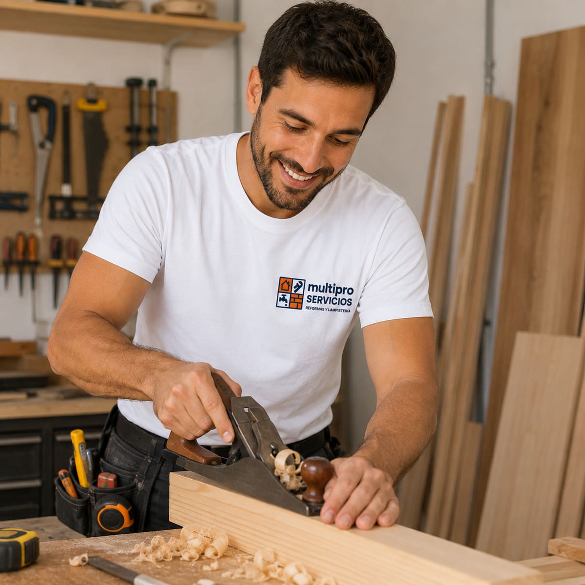 Carpintero de MultiProServicios trabajando la madera con un cepillo