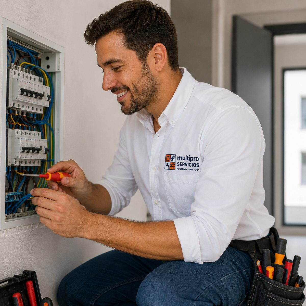 Electricista de MultiProServicios revisando un cuadro eléctrico