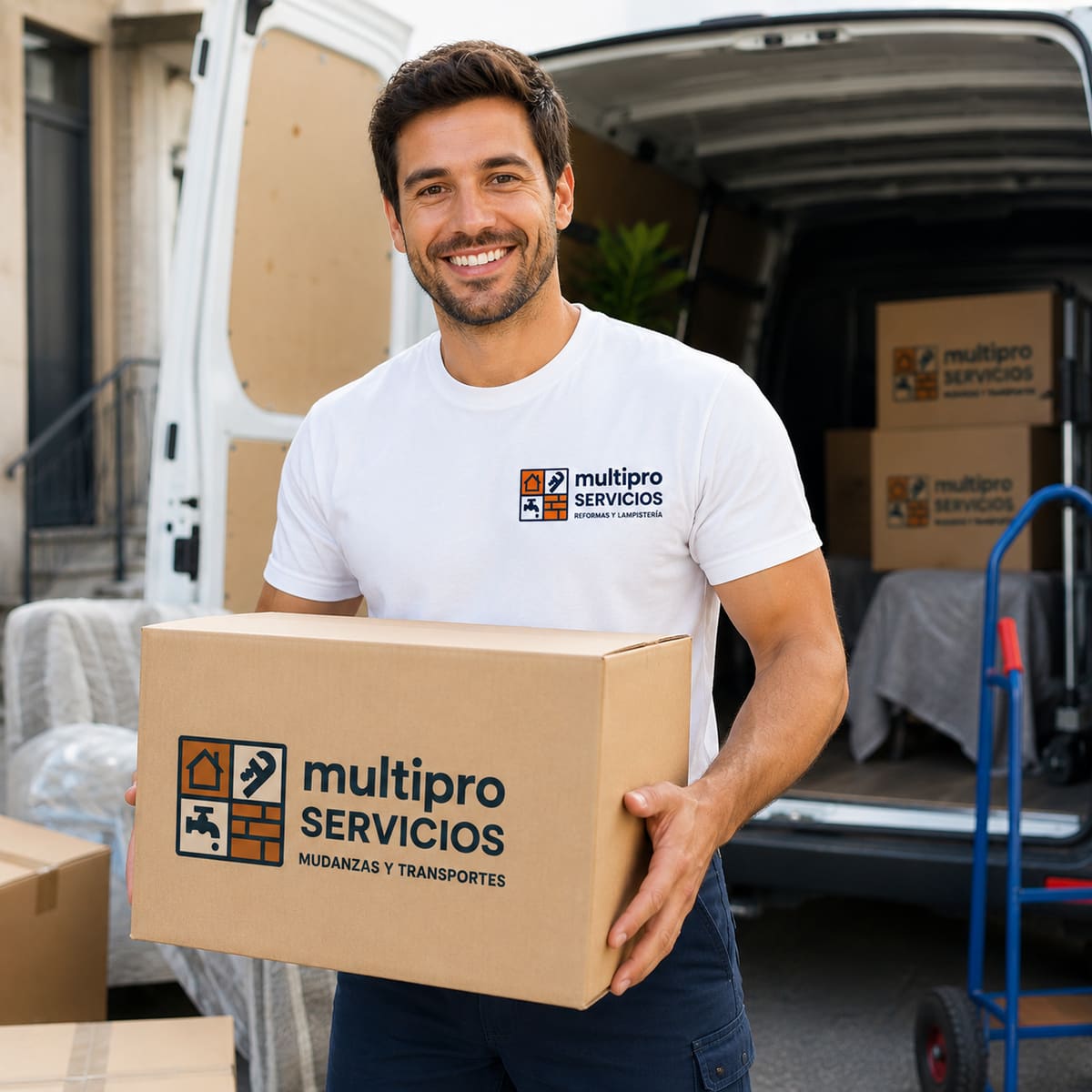 Profesional de mudanzas de MultiProServicios cargando una caja en la furgoneta