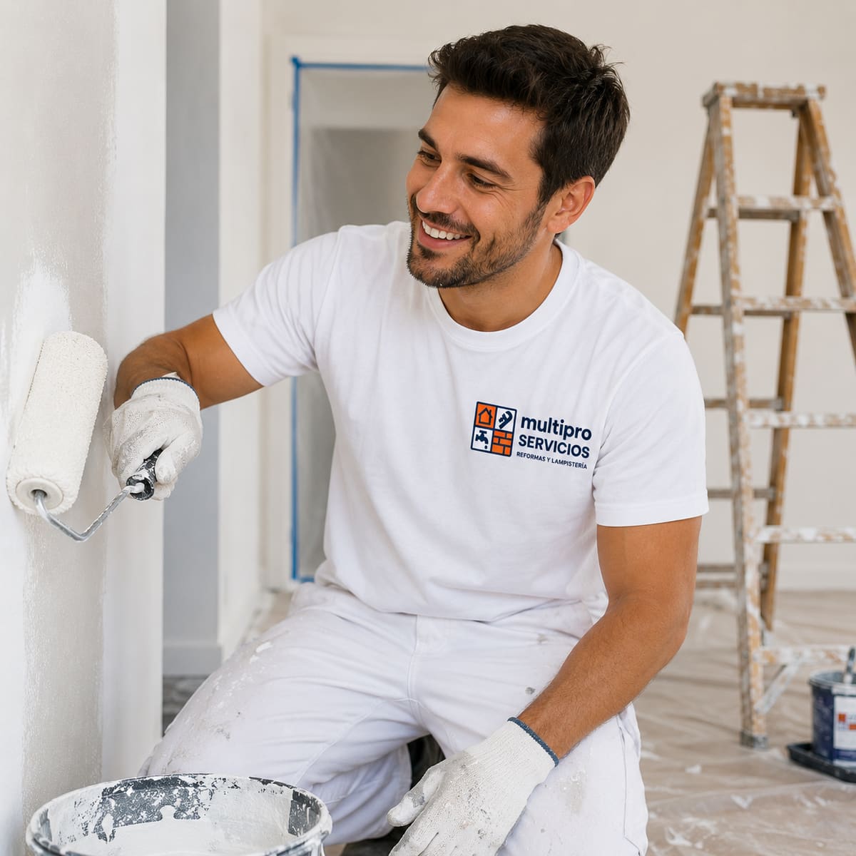 Pintor de MultiProServicios pintando una pared de interior